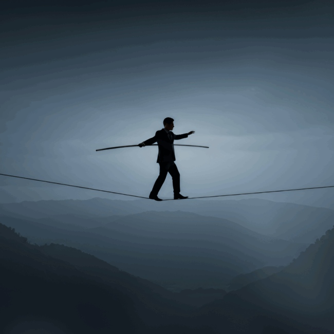 A person in a suit balancing on a tightrope high above misty mountains.