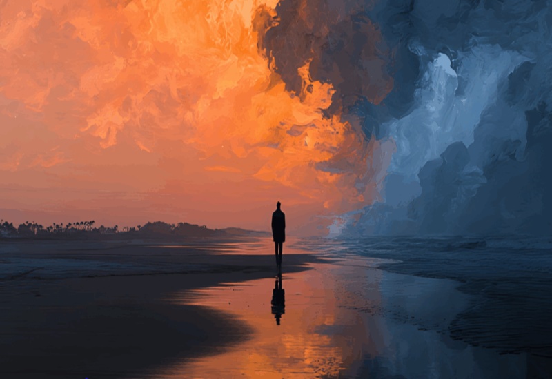 A lone person stands on a reflective beach beneath dramatic orange and blue storm clouds.